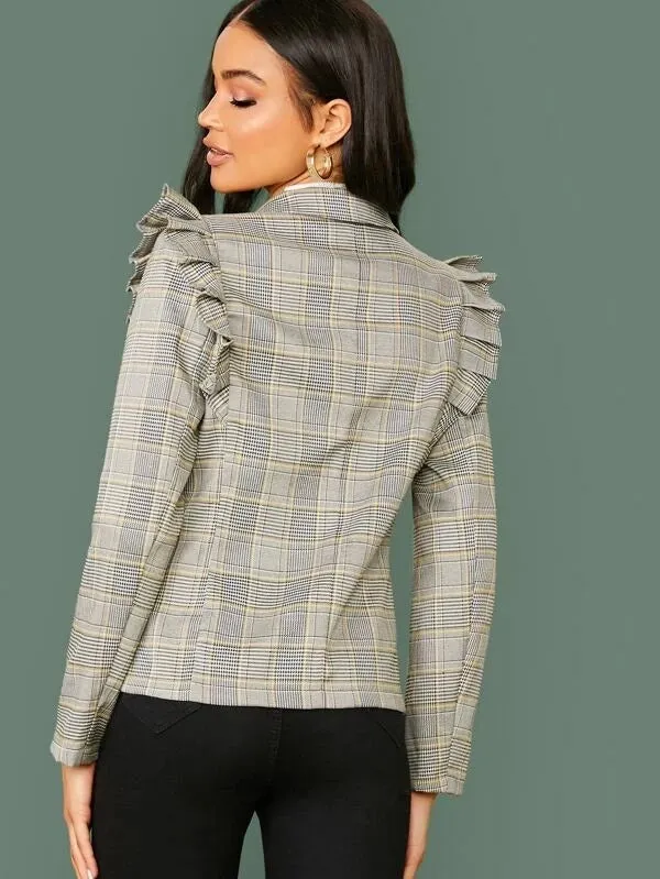 CM-CS023535 Women Elegant Seoul Style Long Sleeve Button Front Ruffle Trim Plaid Blazer - Gray