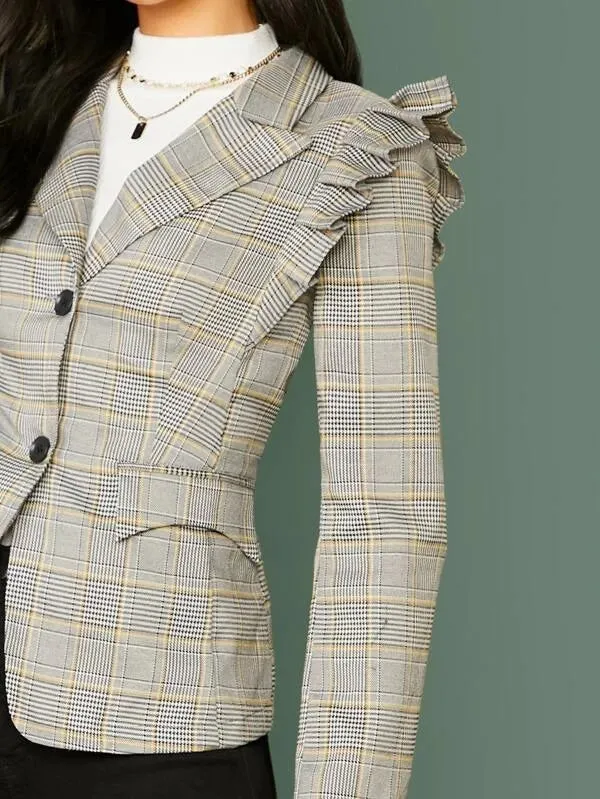 CM-CS023535 Women Elegant Seoul Style Long Sleeve Button Front Ruffle Trim Plaid Blazer - Gray