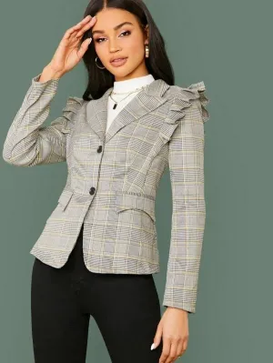 CM-CS023535 Women Elegant Seoul Style Long Sleeve Button Front Ruffle Trim Plaid Blazer - Gray