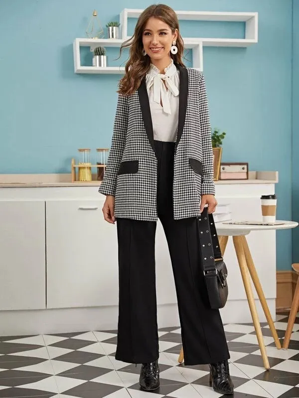 CM-CS029899 Women Elegant Seoul Style Long Sleeve Houndstooth Print Shawl Collar Blazer