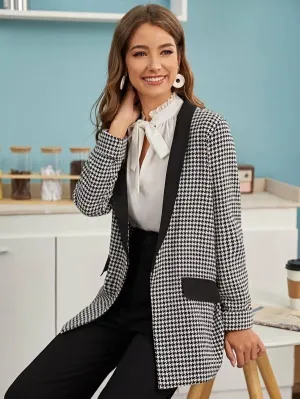 CM-CS029899 Women Elegant Seoul Style Long Sleeve Houndstooth Print Shawl Collar Blazer
