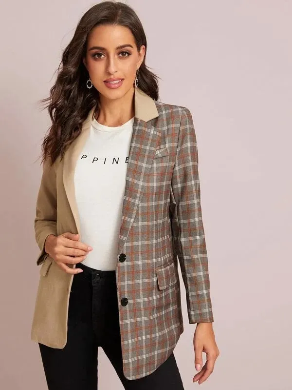 CM-CS115082 Women Elegant Seoul Style Cut And Sew Plaid Asymmetrical Hem Blazer