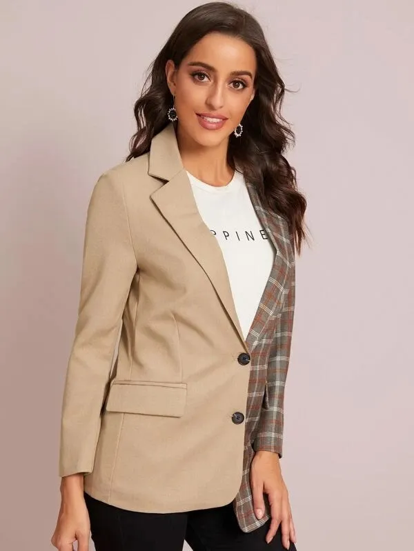CM-CS115082 Women Elegant Seoul Style Cut And Sew Plaid Asymmetrical Hem Blazer