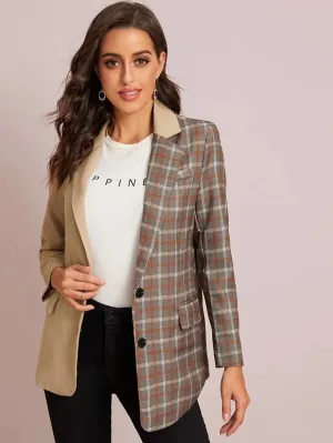 CM-CS115082 Women Elegant Seoul Style Cut And Sew Plaid Asymmetrical Hem Blazer