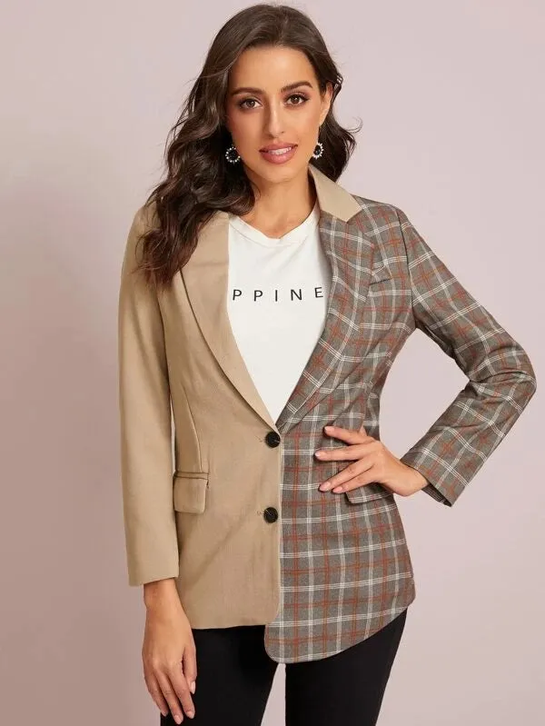 CM-CS115082 Women Elegant Seoul Style Cut And Sew Plaid Asymmetrical Hem Blazer
