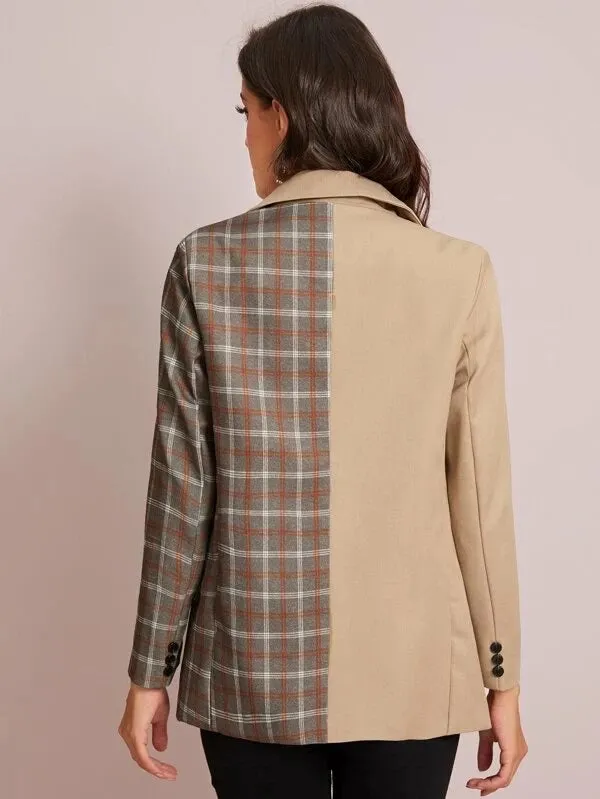 CM-CS115082 Women Elegant Seoul Style Cut And Sew Plaid Asymmetrical Hem Blazer