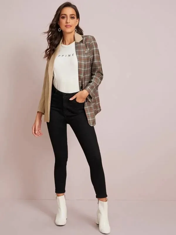 CM-CS115082 Women Elegant Seoul Style Cut And Sew Plaid Asymmetrical Hem Blazer