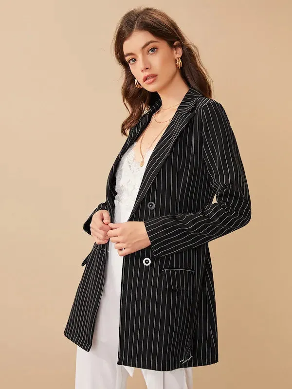 CM-CS627136 Women Elegant Seoul Style Long Sleeve Striped Double Button Belted Blazer - Black