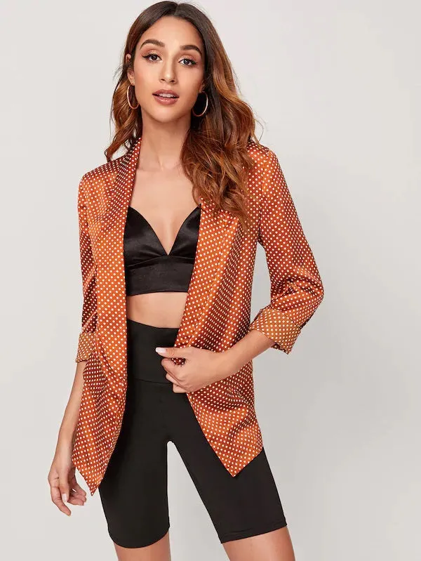CM-CS713134 Women Elegant Seoul Style Polka Dot Shawl Collar Pocket Satin Blazer - Orange