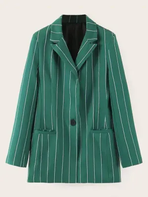 CM-CS725121 Women Elegant Seoul Style  Notched Striped Button And Pocket Detail Blazer - Green