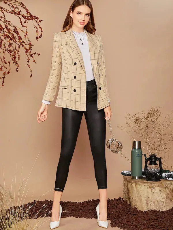CM-CS809216 Women Elegant Seoul Style Long Sleeve Notch Collar Double Breasted Plaid Blazer - Khaki