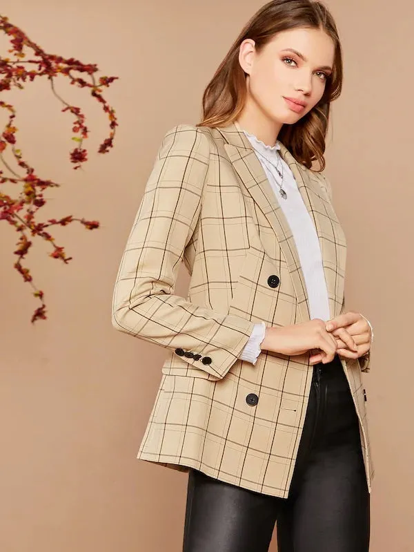 CM-CS809216 Women Elegant Seoul Style Long Sleeve Notch Collar Double Breasted Plaid Blazer - Khaki