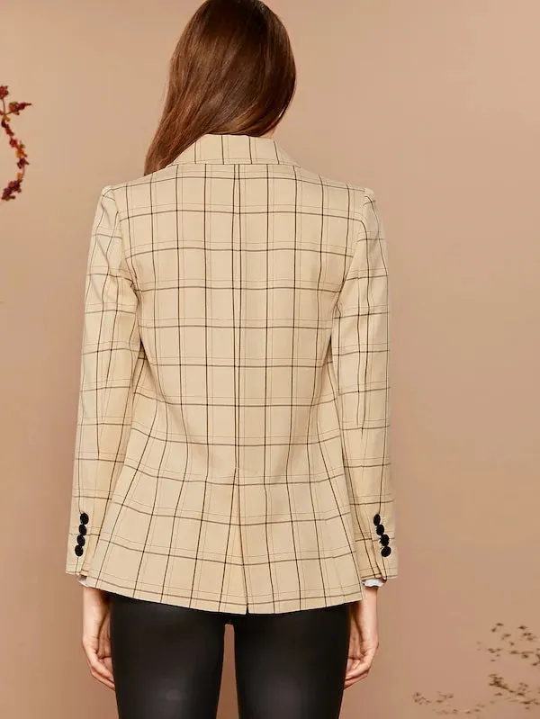 CM-CS809216 Women Elegant Seoul Style Long Sleeve Notch Collar Double Breasted Plaid Blazer - Khaki