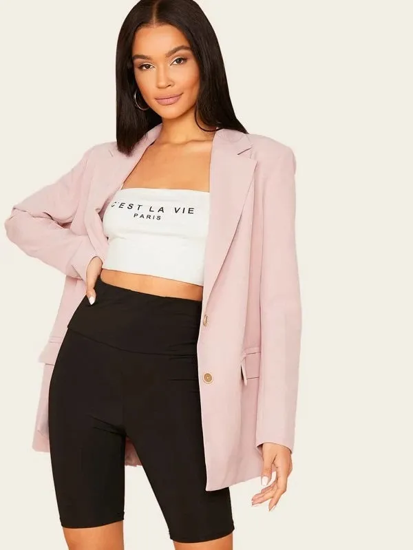 CM-CS923046 Women Elegant Seoul Style Notch Collar Flap Pocket Front Single Breasted Blazer - Pink