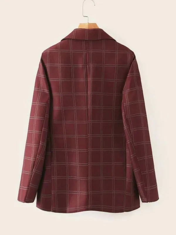 CM-CS926170 Women Elegant Seoul Style Long Sleeve Plaid Double Breasted Lapel Blazer - Wine Red