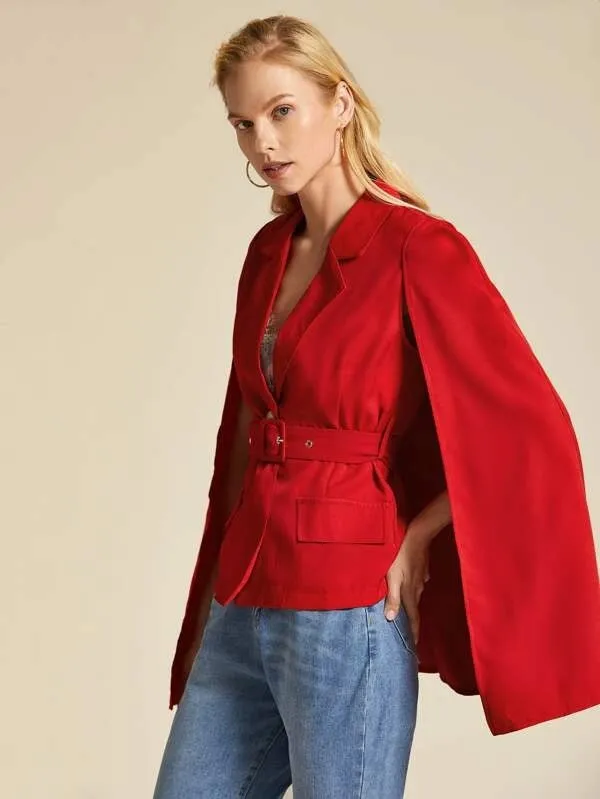 CM-CS930592 Women Elegant European Style Lapel Collar Belted Single Button Cape Blazer - Red