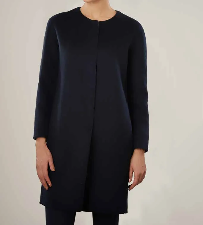 Collarless Double Face Wool Coat Navy