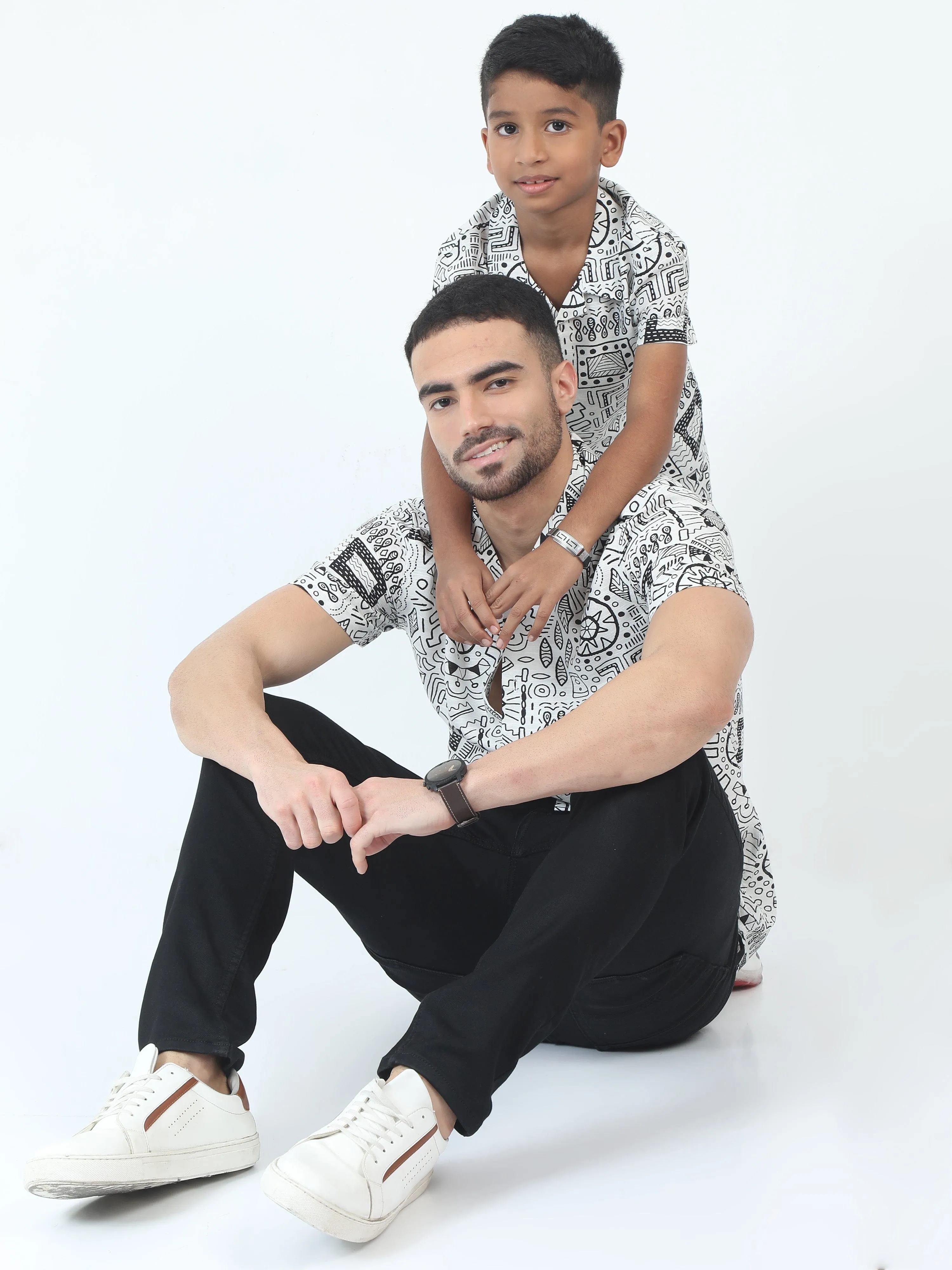 Dad & Son Aztec Printed Shirt White Black
