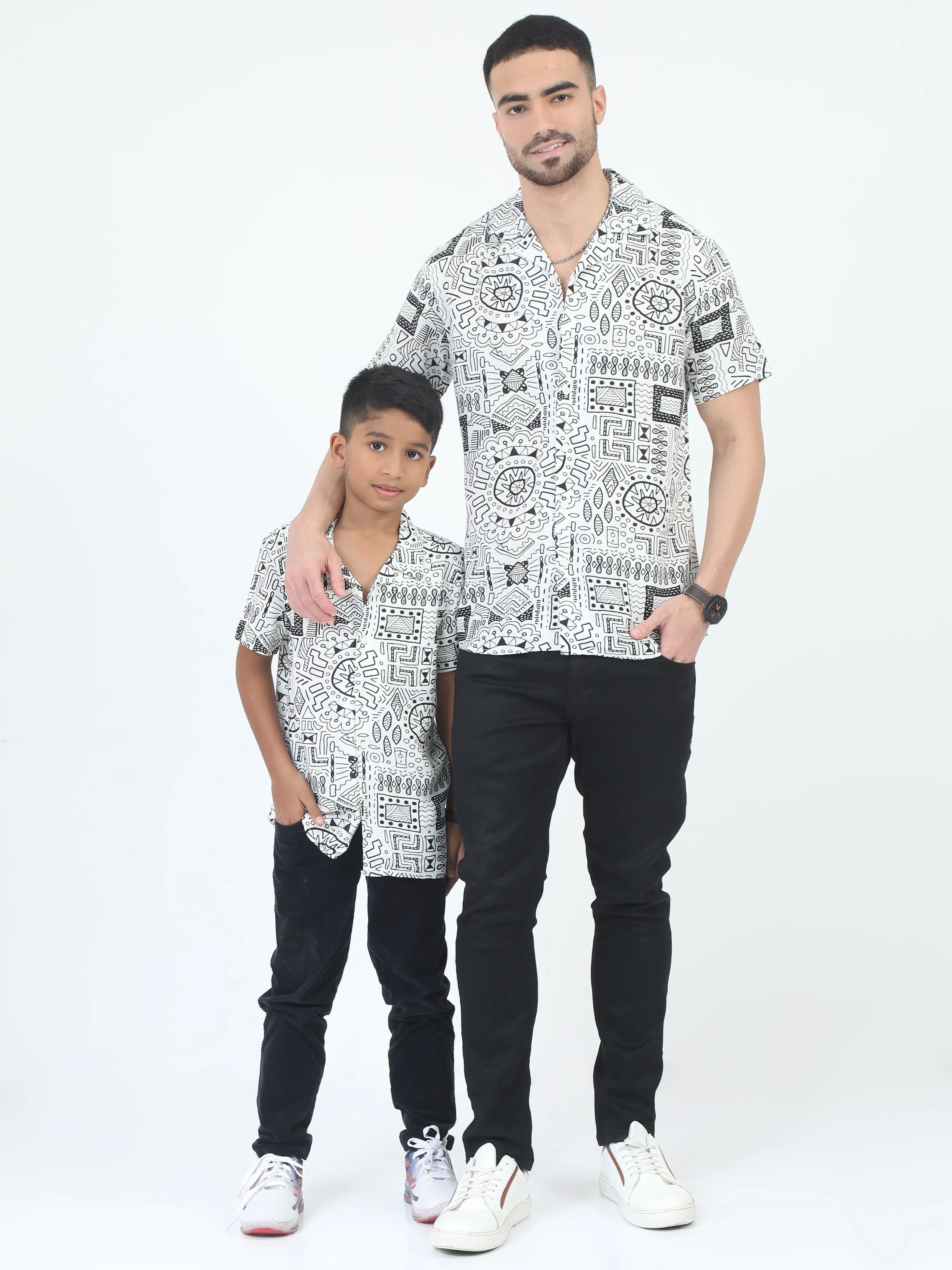 Dad & Son Aztec Printed Shirt White Black