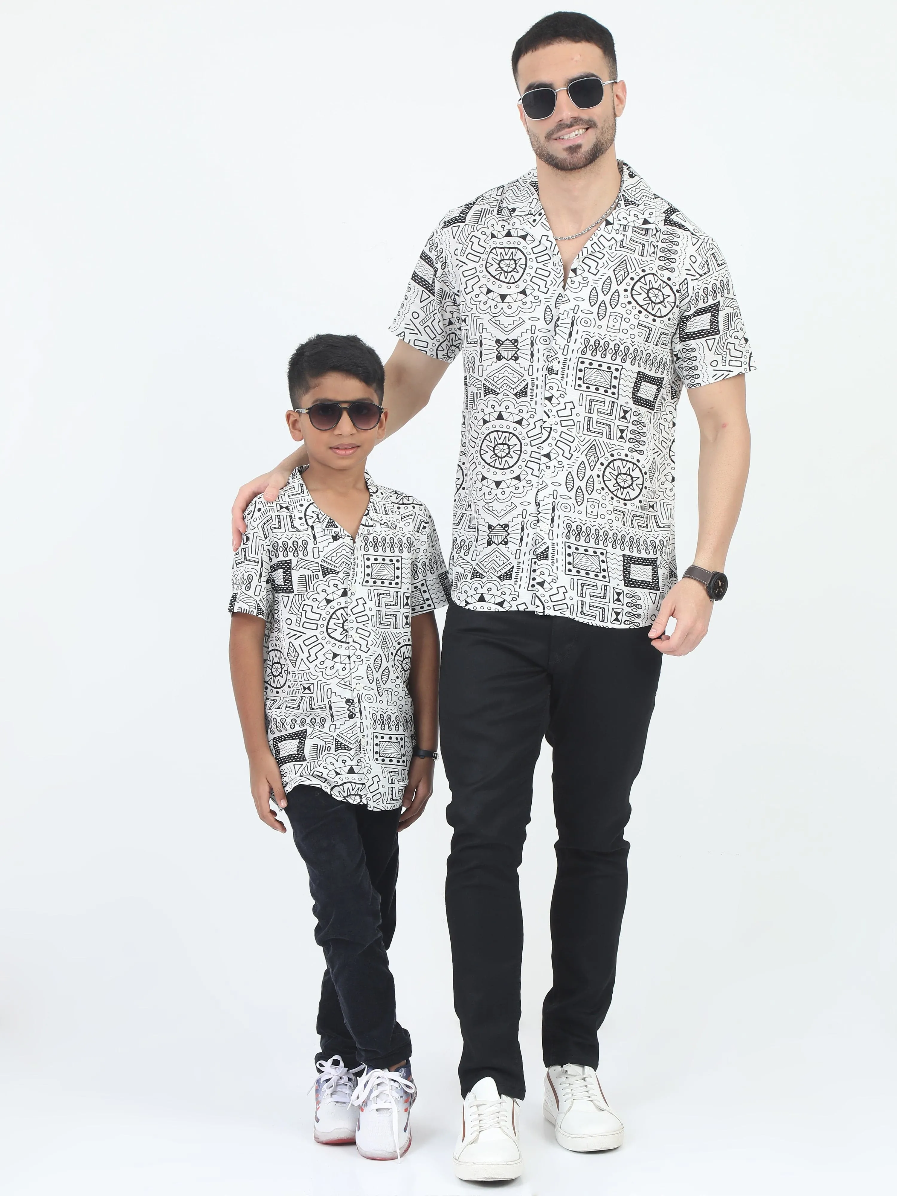 Dad & Son Aztec Printed Shirt White Black