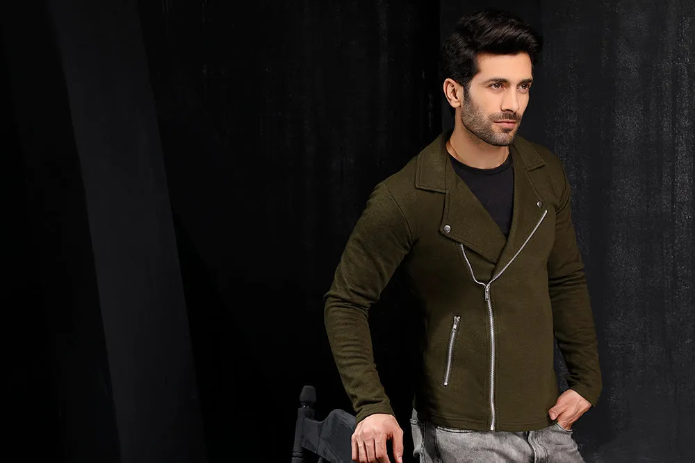 Dark Green Fleece Biker Jacket
