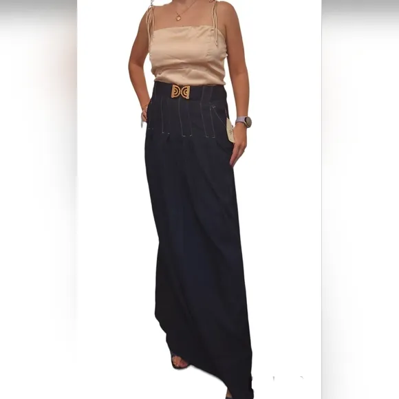 Denim Pleated Maxi Skirt Size 0 Seams Pockets Blue Dark Flare Y2K 2000’s Amici