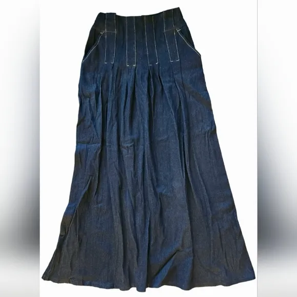 Denim Pleated Maxi Skirt Size 0 Seams Pockets Blue Dark Flare Y2K 2000’s Amici