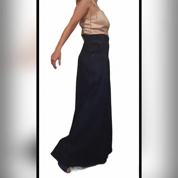 Denim Pleated Maxi Skirt Size 0 Seams Pockets Blue Dark Flare Y2K 2000’s Amici