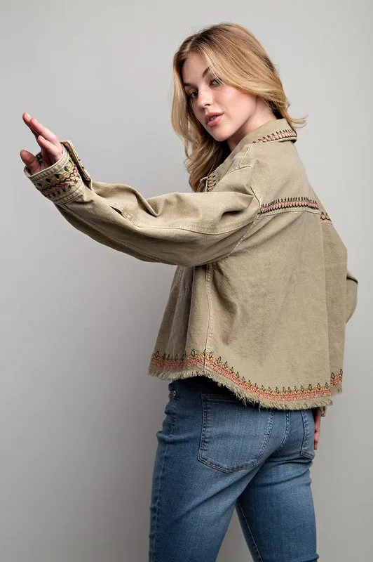 Dylan Embroidered Cotton Jacket - Boho, Oversized, Button Down, Black & Khaki