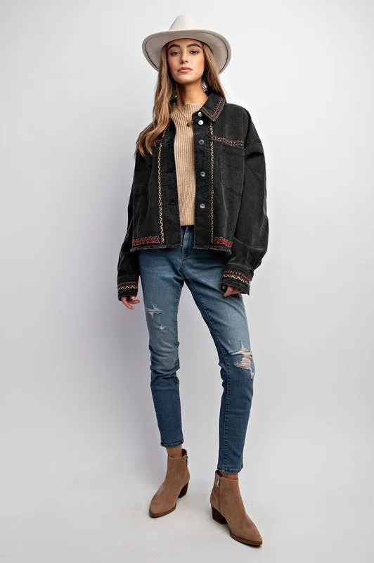 Dylan Embroidered Cotton Jacket - Boho, Oversized, Button Down, Black & Khaki