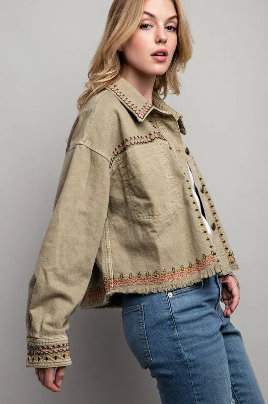 Dylan Embroidered Cotton Jacket - Boho, Oversized, Button Down, Black & Khaki