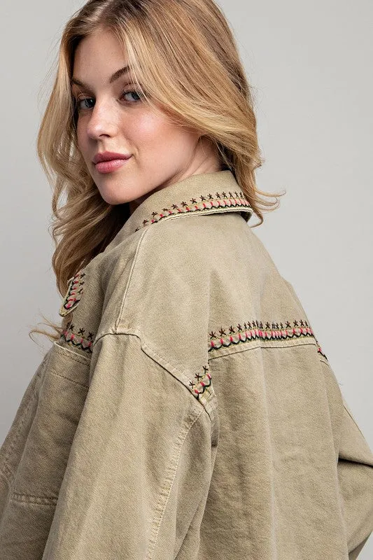 Dylan Embroidered Cotton Jacket - Boho, Oversized, Button Down, Black & Khaki