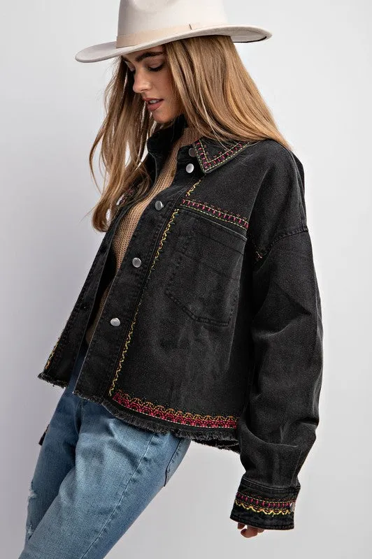 Dylan Embroidered Cotton Jacket - Boho, Oversized, Button Down, Black & Khaki