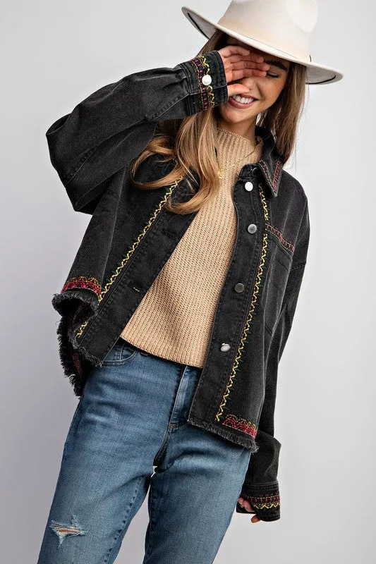 Dylan Embroidered Cotton Jacket - Boho, Oversized, Button Down, Black & Khaki