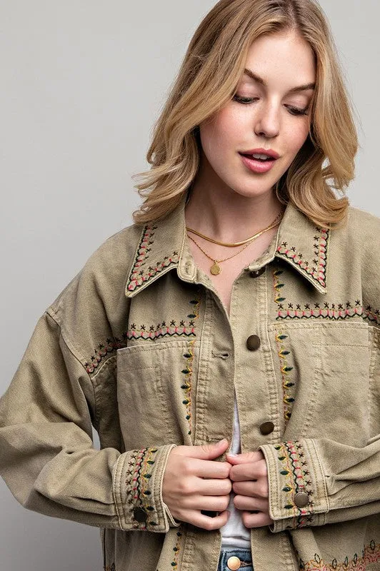 Dylan Embroidered Cotton Jacket - Boho, Oversized, Button Down, Black & Khaki