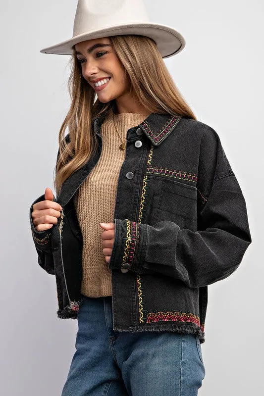Dylan Embroidered Cotton Jacket - Boho, Oversized, Button Down, Black & Khaki