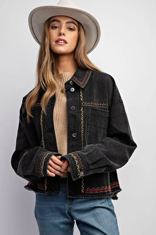 Dylan Embroidered Cotton Jacket - Boho, Oversized, Button Down, Black & Khaki