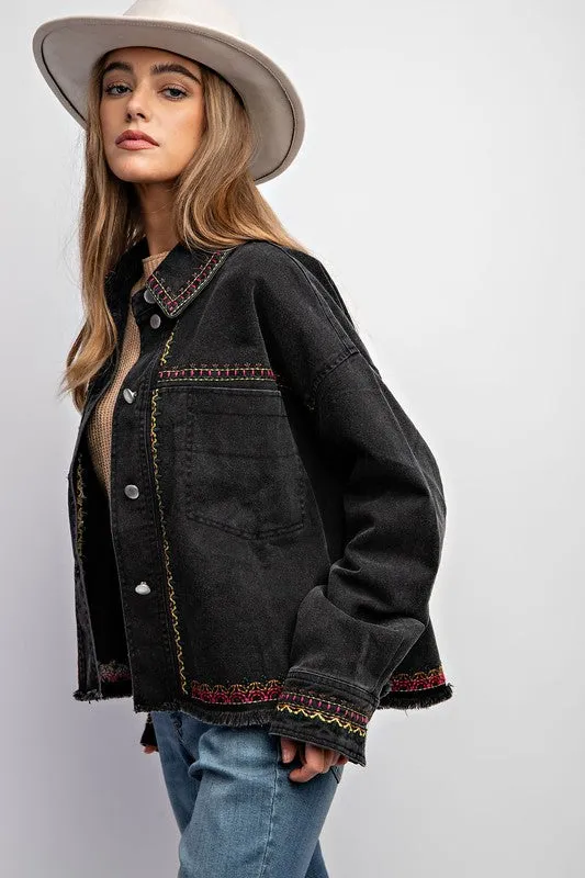 Dylan Embroidered Cotton Jacket - Boho, Oversized, Button Down, Black & Khaki