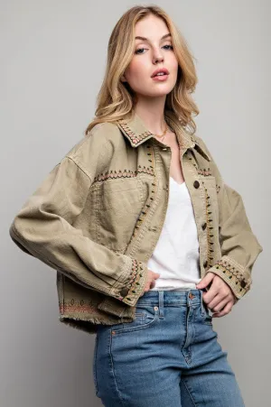 Dylan Embroidered Cotton Jacket - Boho, Oversized, Button Down, Black & Khaki