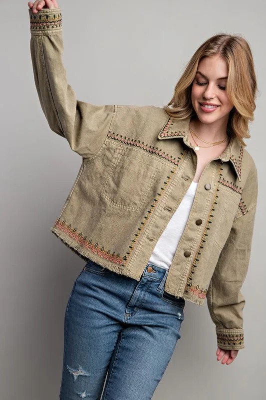 Dylan Embroidered Cotton Jacket - Boho, Oversized, Button Down, Black & Khaki