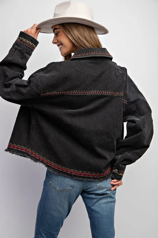 Dylan Embroidered Cotton Jacket - Boho, Oversized, Button Down, Black & Khaki