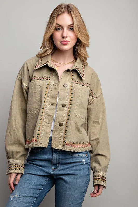 Dylan Embroidered Cotton Jacket - Boho, Oversized, Button Down, Black & Khaki