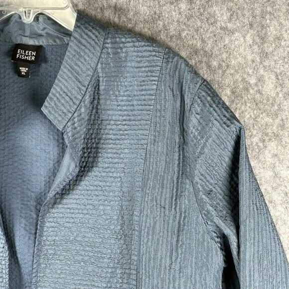 Eileen Fisher Teal Blue 100% Silk Textured Boxy Blazer Womens Size XL Minor Flaw