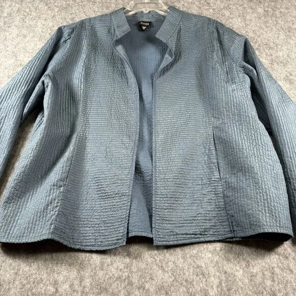 Eileen Fisher Teal Blue 100% Silk Textured Boxy Blazer Womens Size XL Minor Flaw