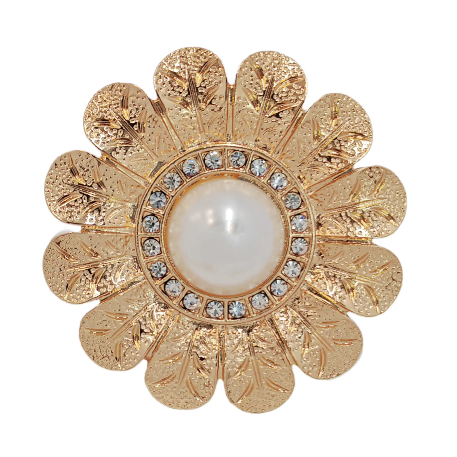 Elegant Gold - toned Floral Brooch with Pearl and Crystal Centerpiece