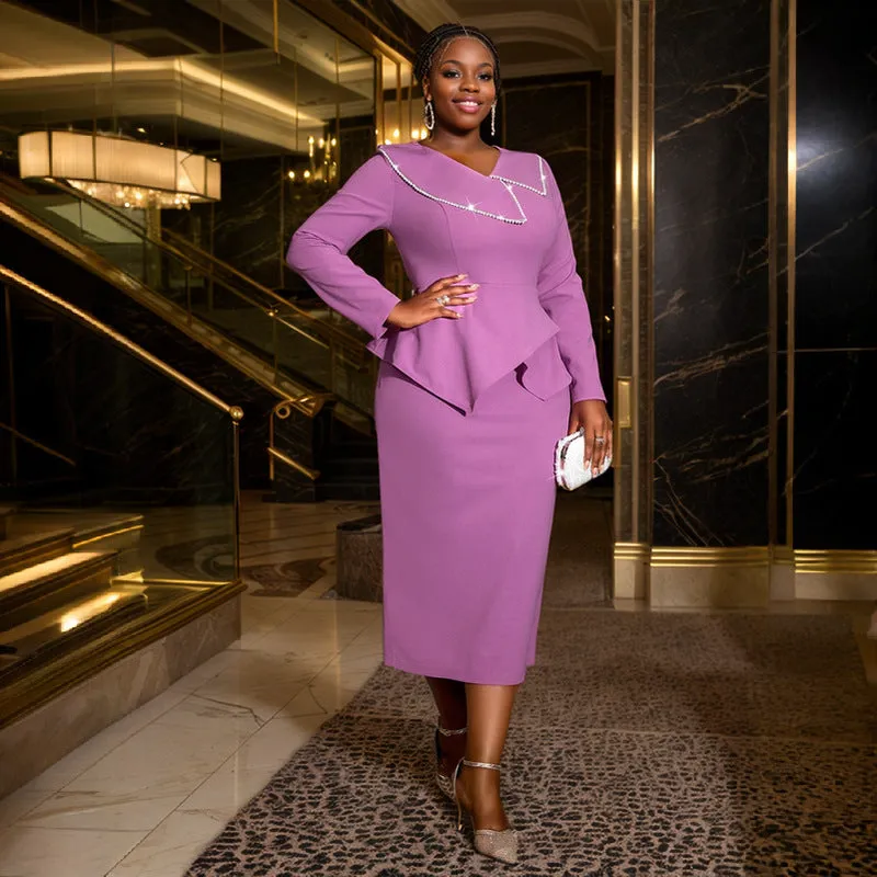 Elegant Ruffle Pearl Long-Sleeve Midi Dress for Effortless Sophistication