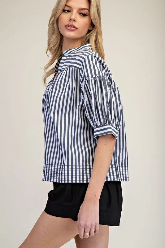 Elis Striped Bubble Sleeve V-Neck Blouse