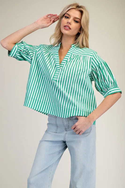 Elis Striped Bubble Sleeve V-Neck Blouse