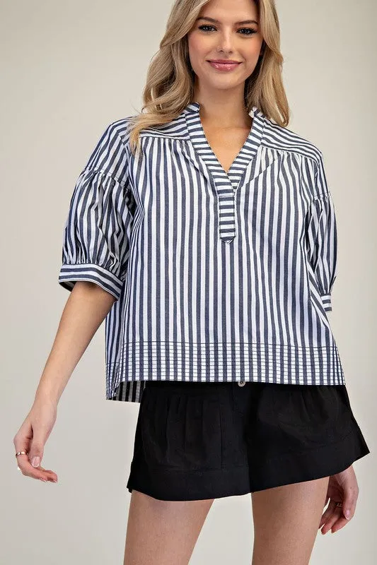 Elis Striped Bubble Sleeve V-Neck Blouse