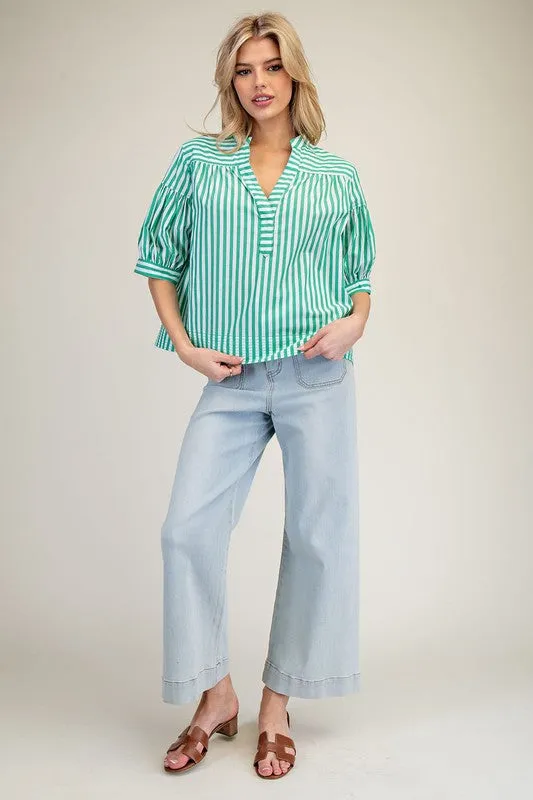 Elis Striped Bubble Sleeve V-Neck Blouse